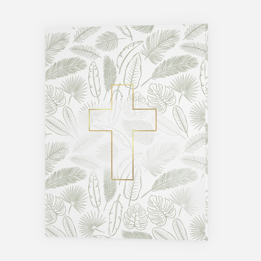 Design review screen with a floral pattern and cross on a white background, followed by text and design options.