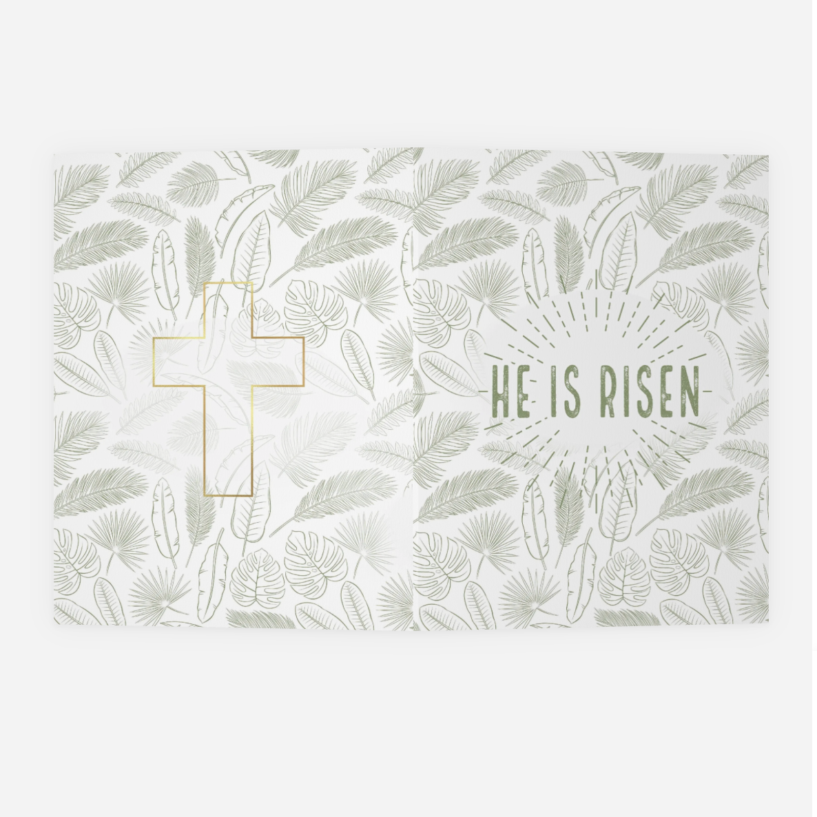 Design review screen with a Easter-themed card featuring a cross and 'He is Risen' text.