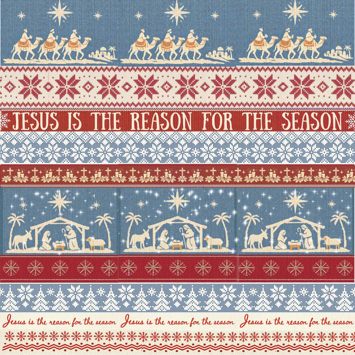 Nativity Fair Isle Blue Christmas fabric, knitted look with magi, camels, stable and snowflakes in blue, cream and red