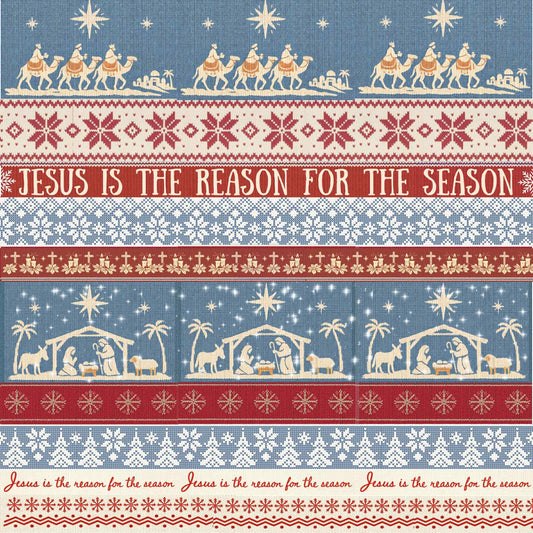 Nativity Fair Isle Blue Christmas fabric, knitted look with magi, camels, stable and snowflakes in blue, cream and red