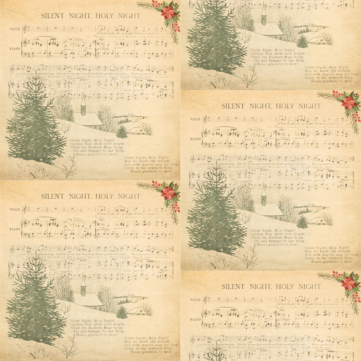 Silent Night Christmas fabric, vintage sheet music with snowy pines, a country church and poinsettia