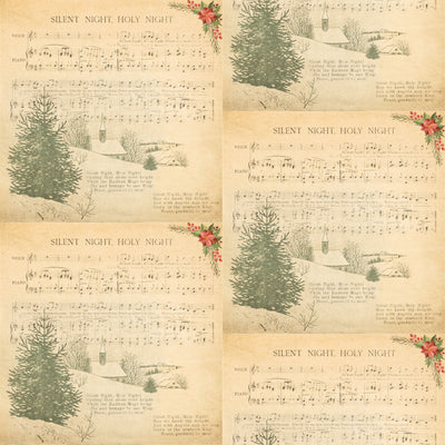 Silent Night Christmas fabric, vintage sheet music with snowy pines, a country church and poinsettia