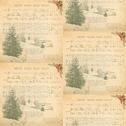 Silent Night Christmas fabric, vintage sheet music with snowy pines, a country church and poinsettia