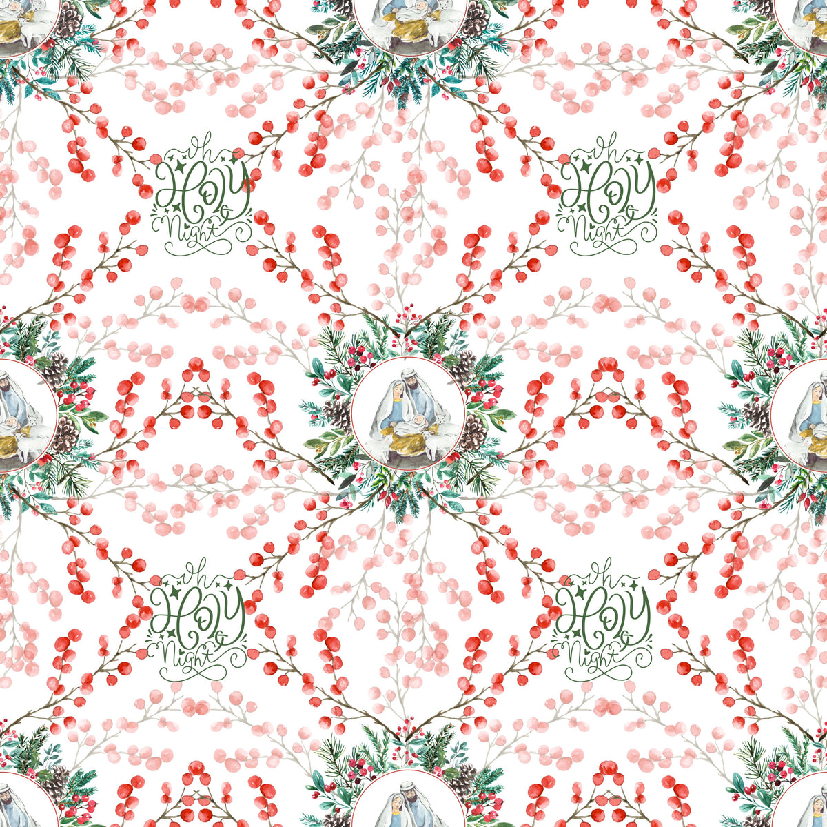 O Holy Night Christmas fabric, watercolour red berries and nativity wreaths on white