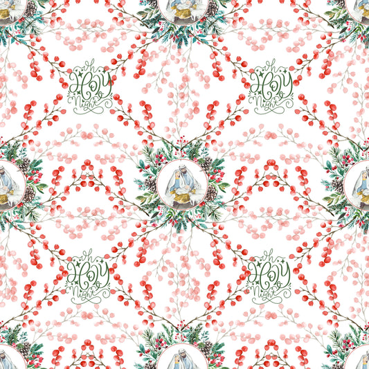 O Holy Night Christmas fabric, watercolour red berries and nativity wreaths on white