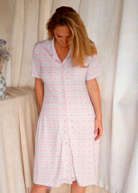 Faithful Hearts-  Button Up Nightie- Cotton