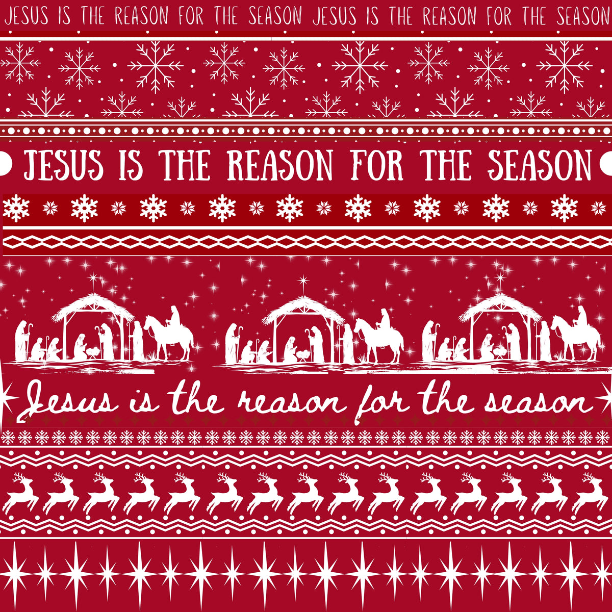 Jesus is the Reason Red Christmas fabric, nativity scenes, reindeer, snowflakes and stars in white on red