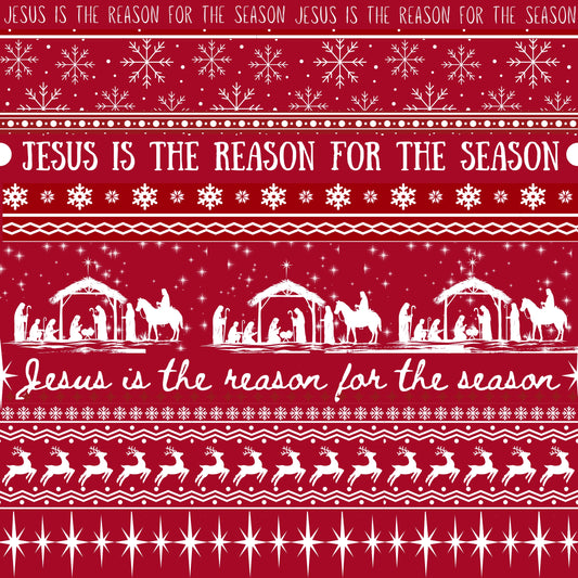 Jesus is the Reason Red Christmas fabric, nativity scenes, reindeer, snowflakes and stars in white on red