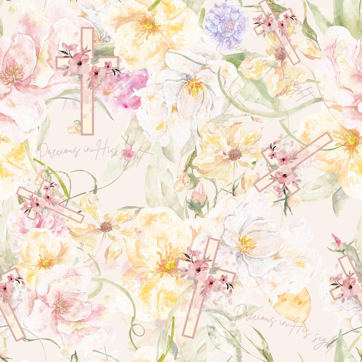 Precious in His Sight fabric, watercolour florals with pale pink crosses and script lettering
