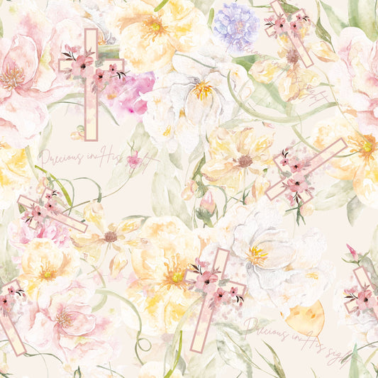 Precious in His Sight fabric, watercolour florals with pale pink crosses and script lettering