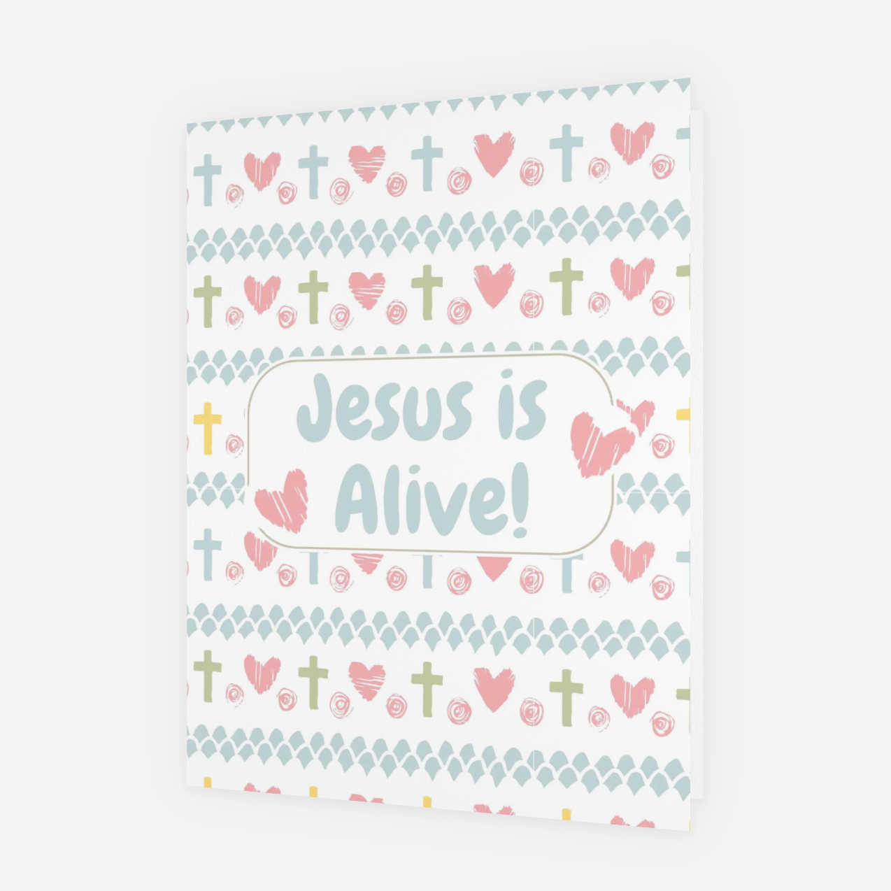 Design review page with text 'Jesus is Alive!' and heart symbols on a white background.