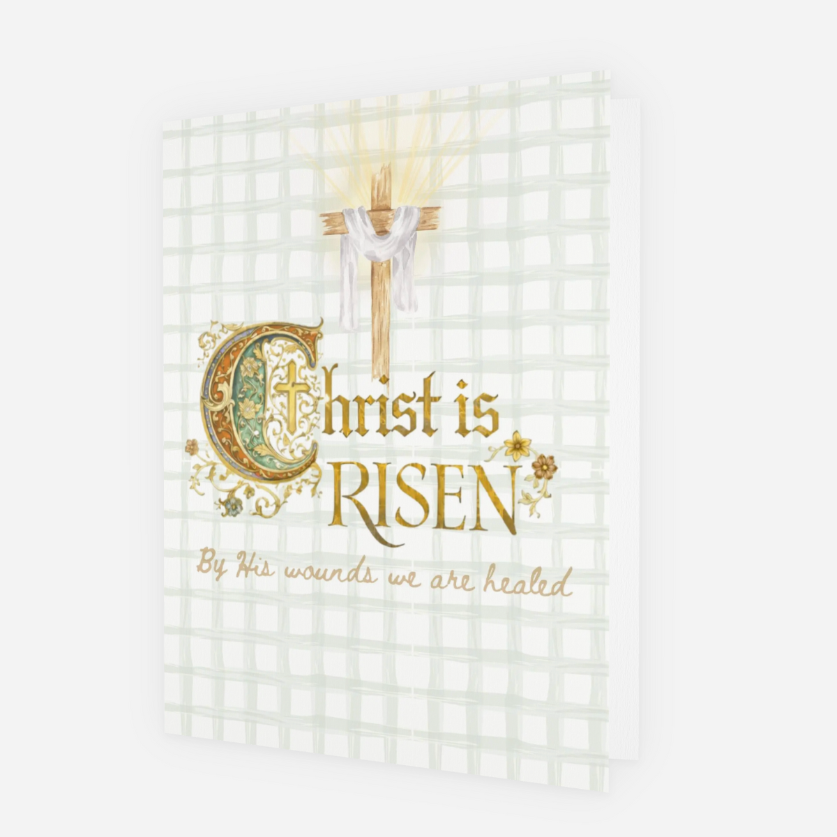 Design review page for a 'Christ is Risen' Easter card on a website interface.