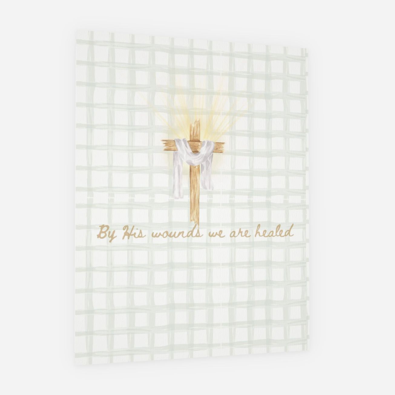 Design review interface with a gold and white design on a grid background