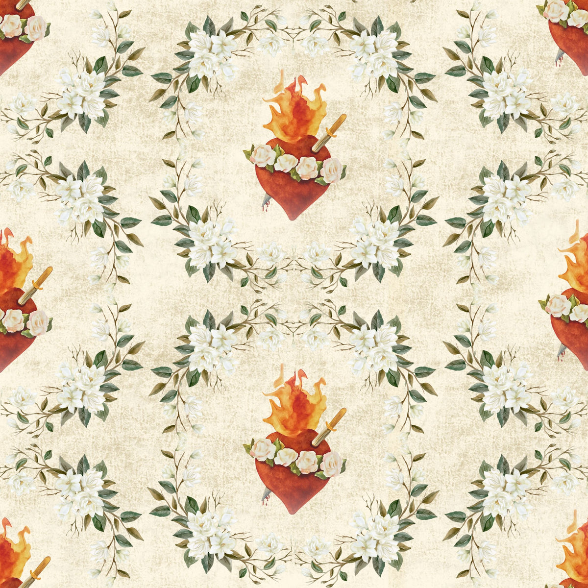 Vintage Immaculate Heart fabric, flaming heart crowned with thorns among white magnolias on aged cream