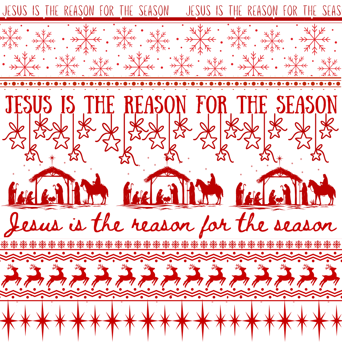 Jesus is the Reason White Christmas fabric, nativity scenes, reindeer and stars in red on white