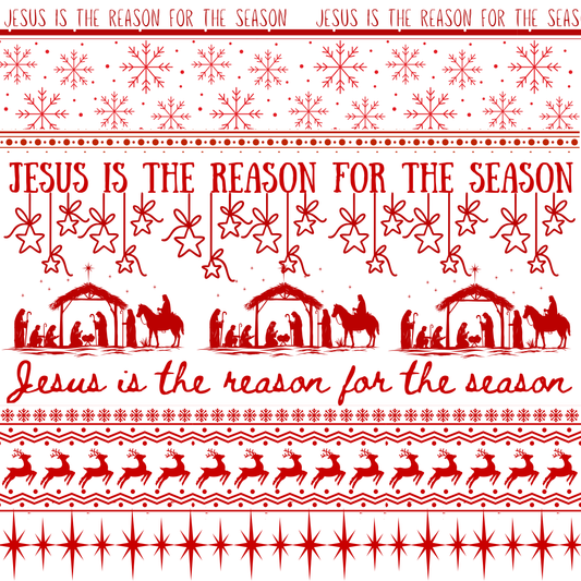Jesus is the Reason White Christmas fabric, nativity scenes, reindeer and stars in red on white