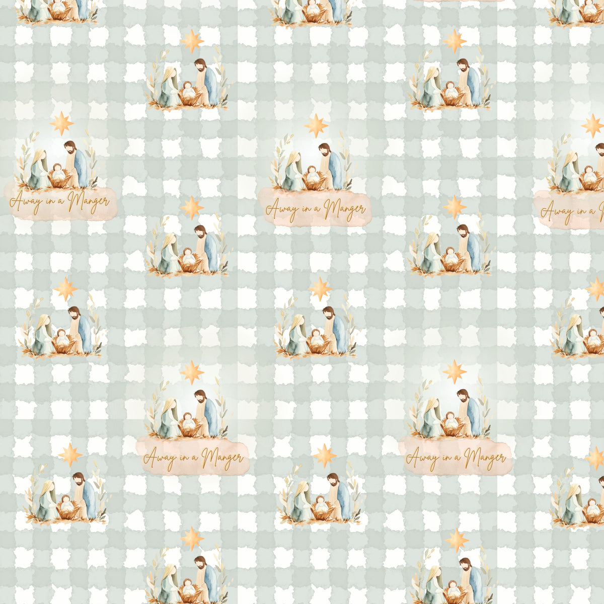 Away in a Manger Christmas fabric, sage watercolour check with nativity scene and gold star