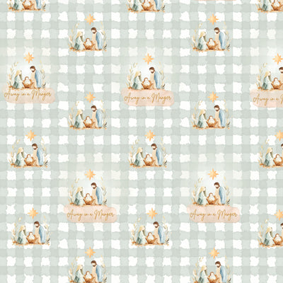 Away in a Manger Christmas fabric, sage watercolour check with nativity scene and gold star