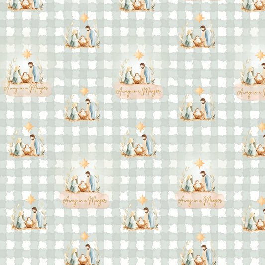 Away in a Manger Christmas fabric, sage watercolour check with nativity scene and gold star