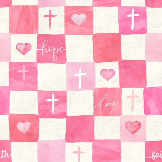 Faith Hope and Love fabric, pink watercolour check with crosses, hearts and script lettering
